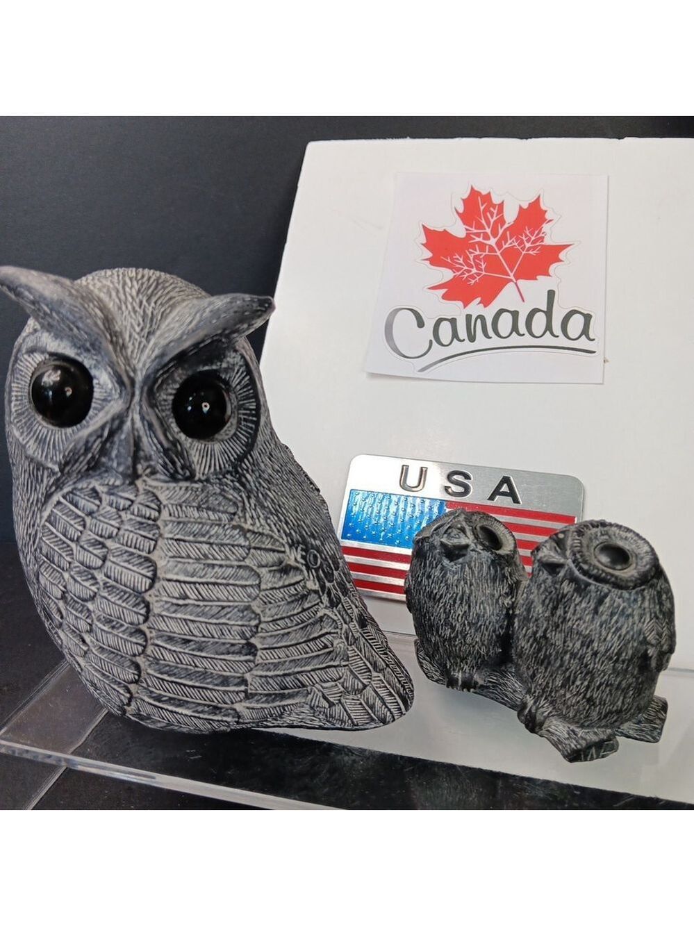 Owl Figures By Wolf Sculptures Hand Made Native American Art. Adorable Set!
